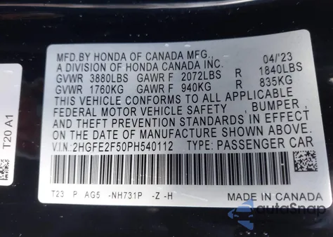 2023 Honda Civic Sport z USA, uszkodzony, nr VIN 2HGFE2F50PH540112